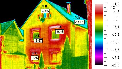 Thermografie einer Gebäudehülle (Bild: wikimedia)