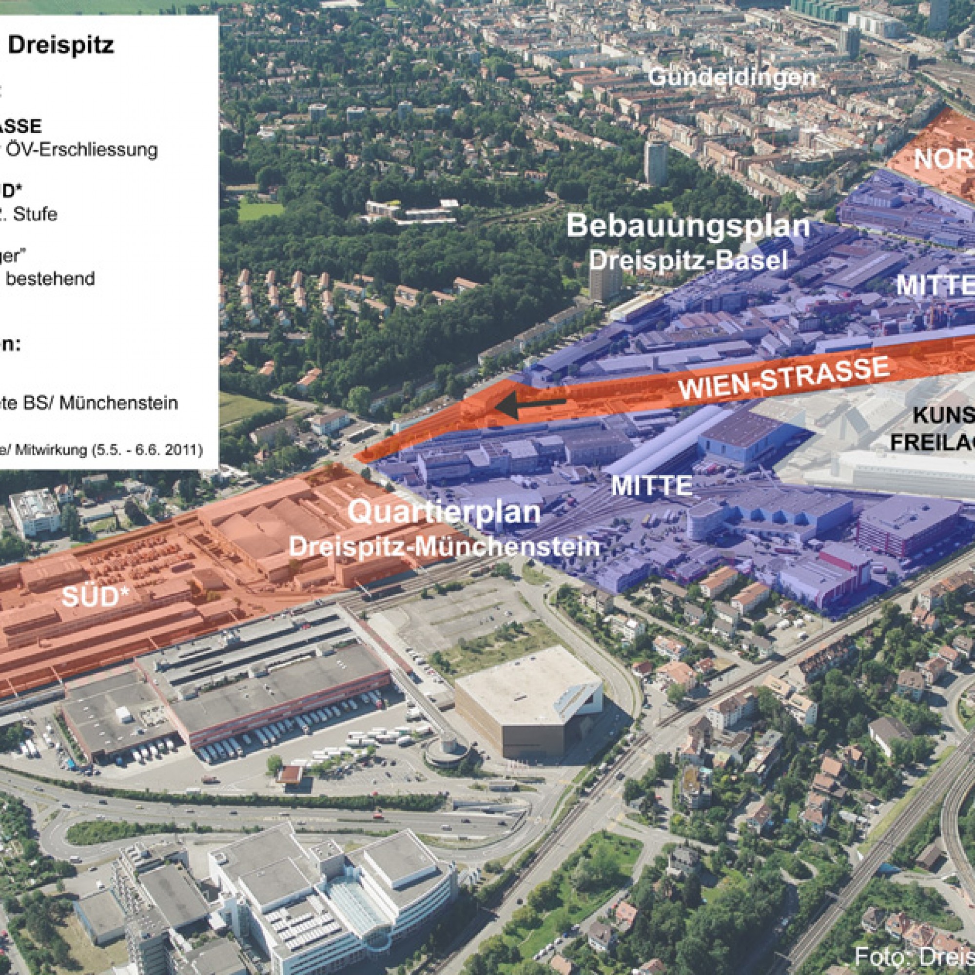 Luftbild von Basel mit dem Dreispitzareal (Bild: Planungsamt Basel)