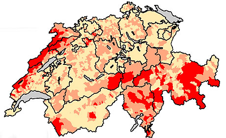 Die rot eingefärbten Gebiete kennzeichnen die am störksten von Radon betroffenen Gebiete. (zvg)