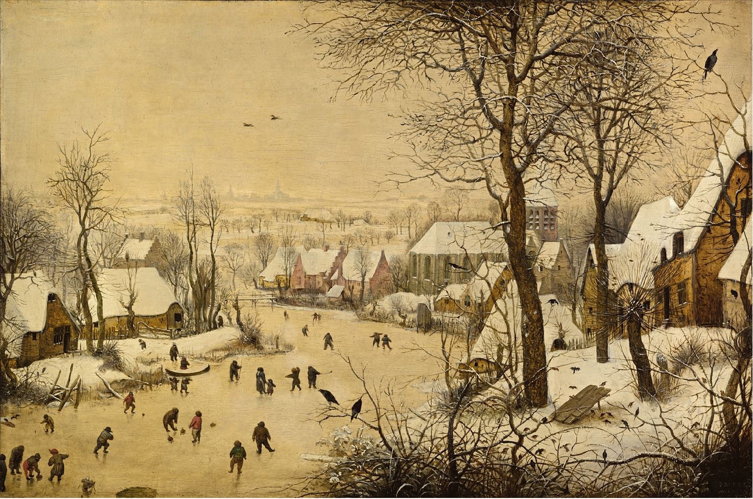 Winterlandschaft mit Eisläufern und Vogelfalle, Pieter Bruegel, um 1565