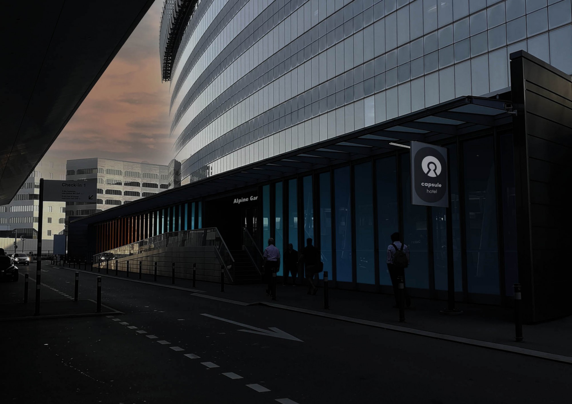 Ansicht Nacht Kapselhotel am Flughafen Zürich