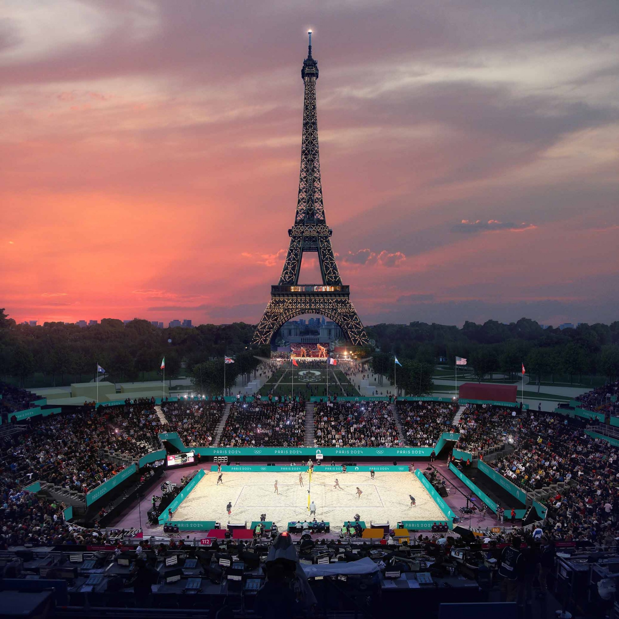 Visualisierung Beachvolleyball-Stadion vor Eiffelturm