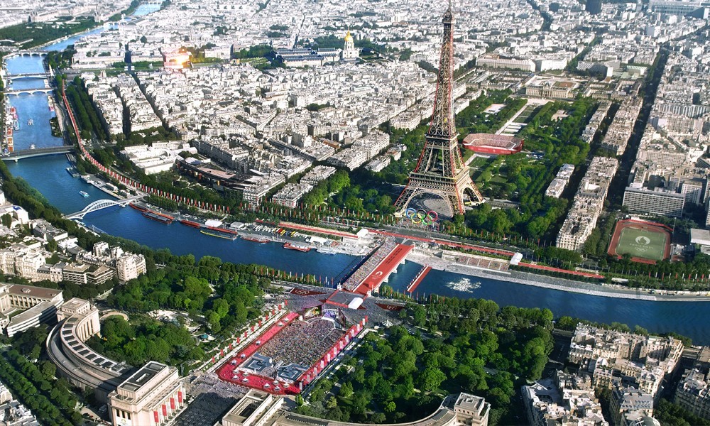 Visualisierung Beachvolleyball-Stadion vor Eiffelturm