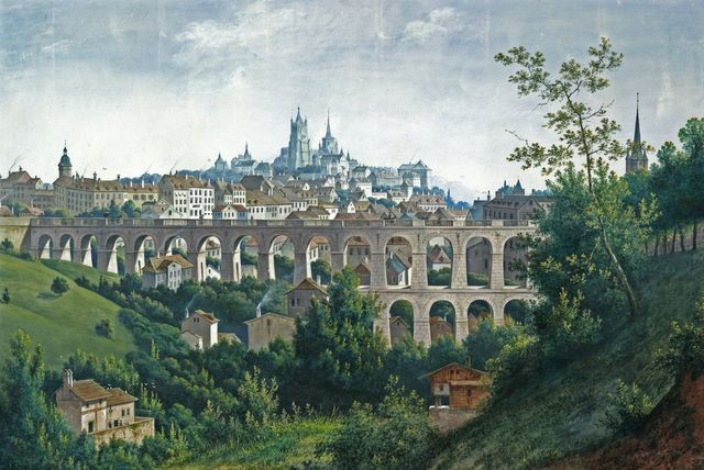 Tal des Flusses Flon und die Gran Pont Brücke um 1845