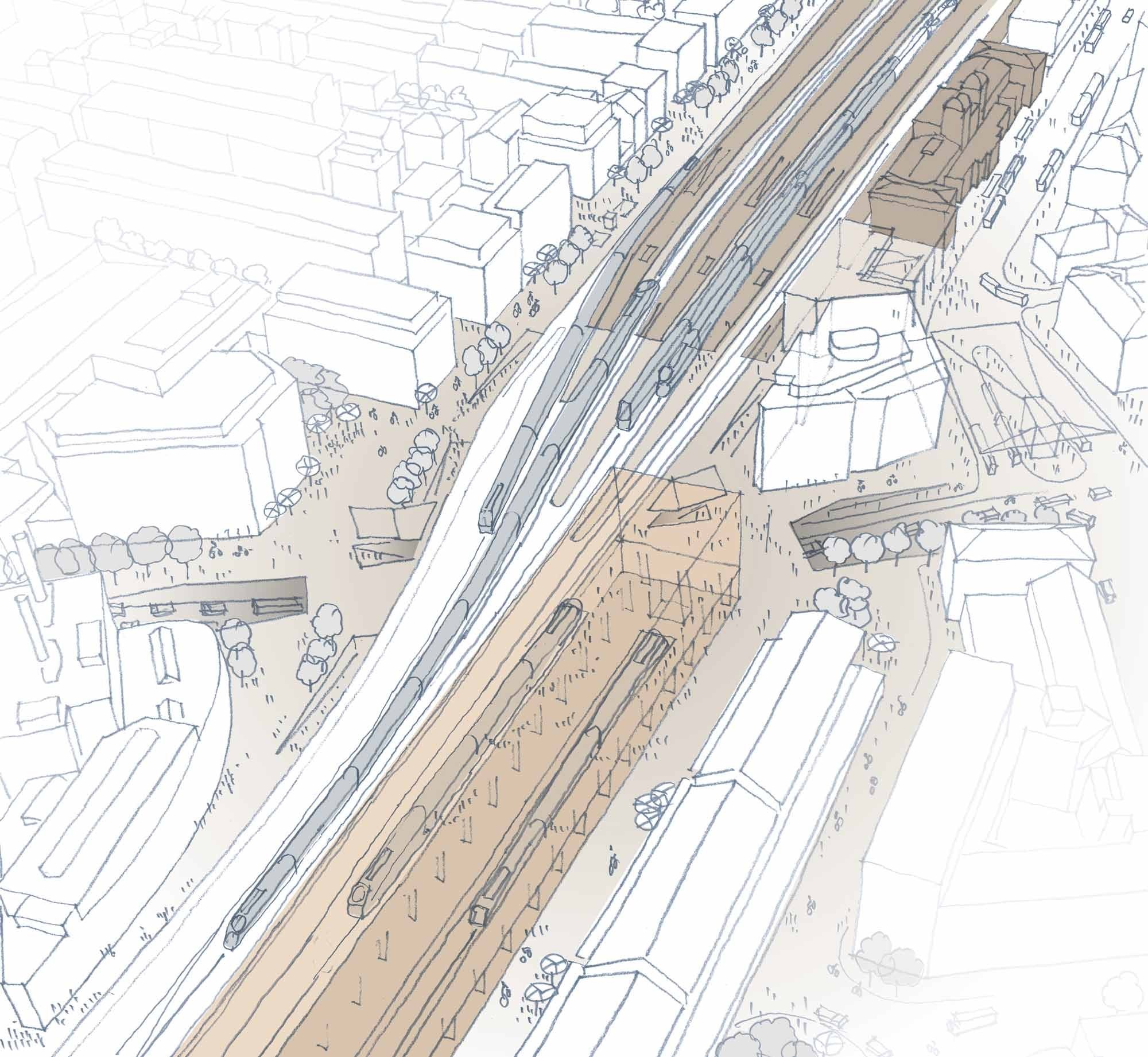 Skizze Ausbau Bahnhof Winterthur Bahnhofsplatz und Areal Vogelsang Nord