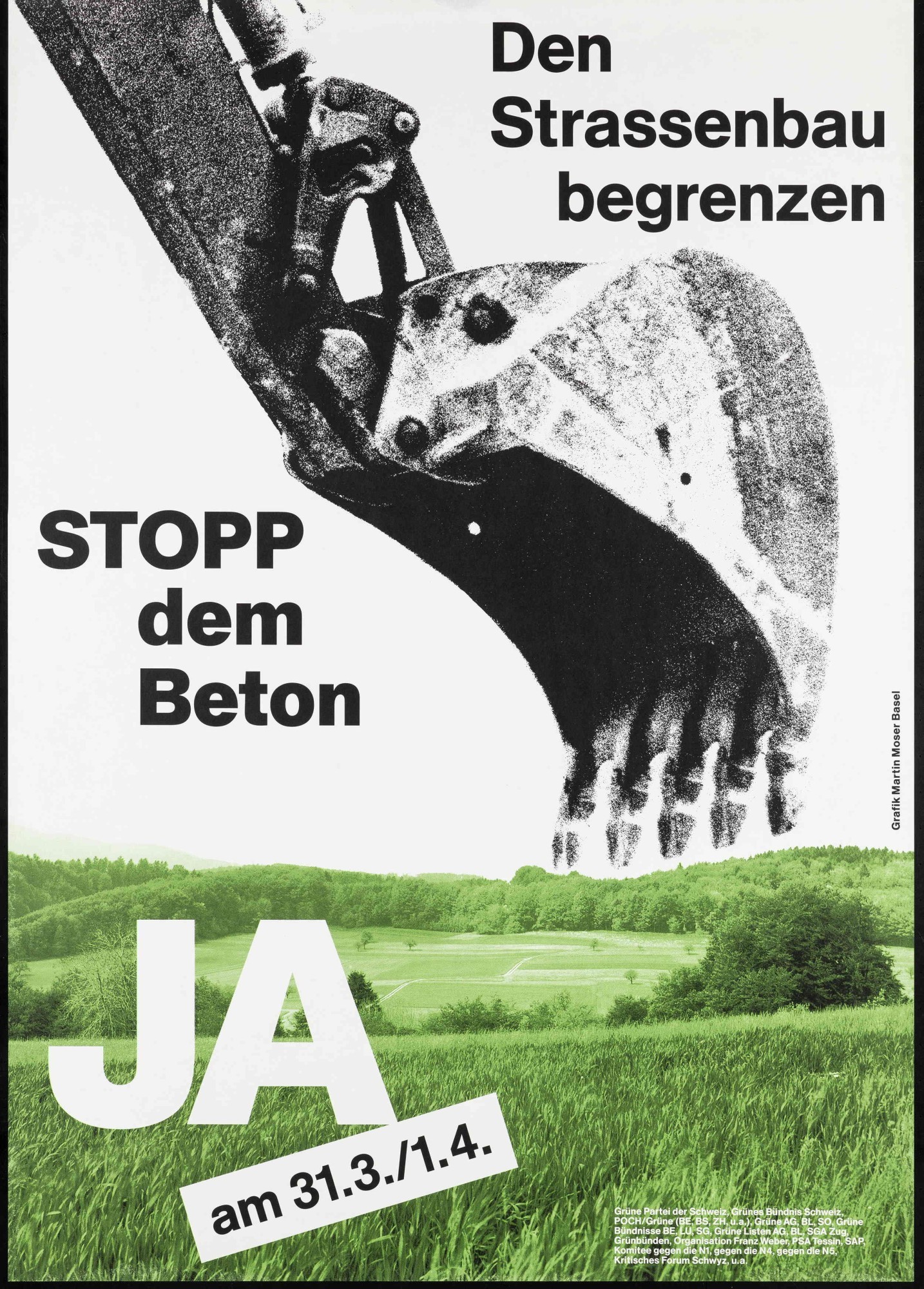 Martin Moser Plakat für die Volksinitiative «Stopp dem Beton – für eine Begrenzung des Strassenbaus»
