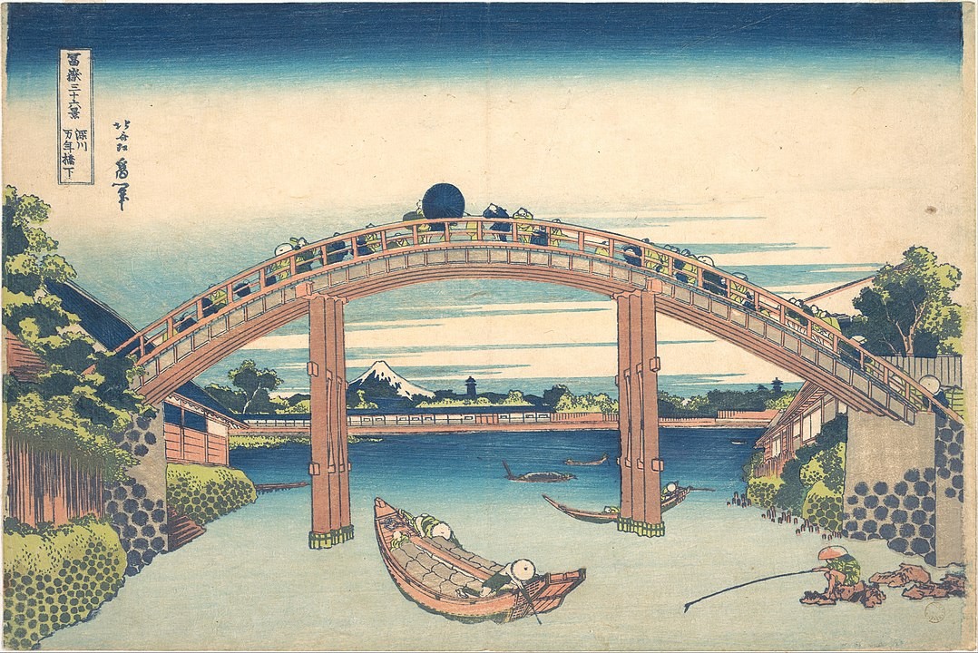 Japanischer Holzschnitt einer Brücke von 1830