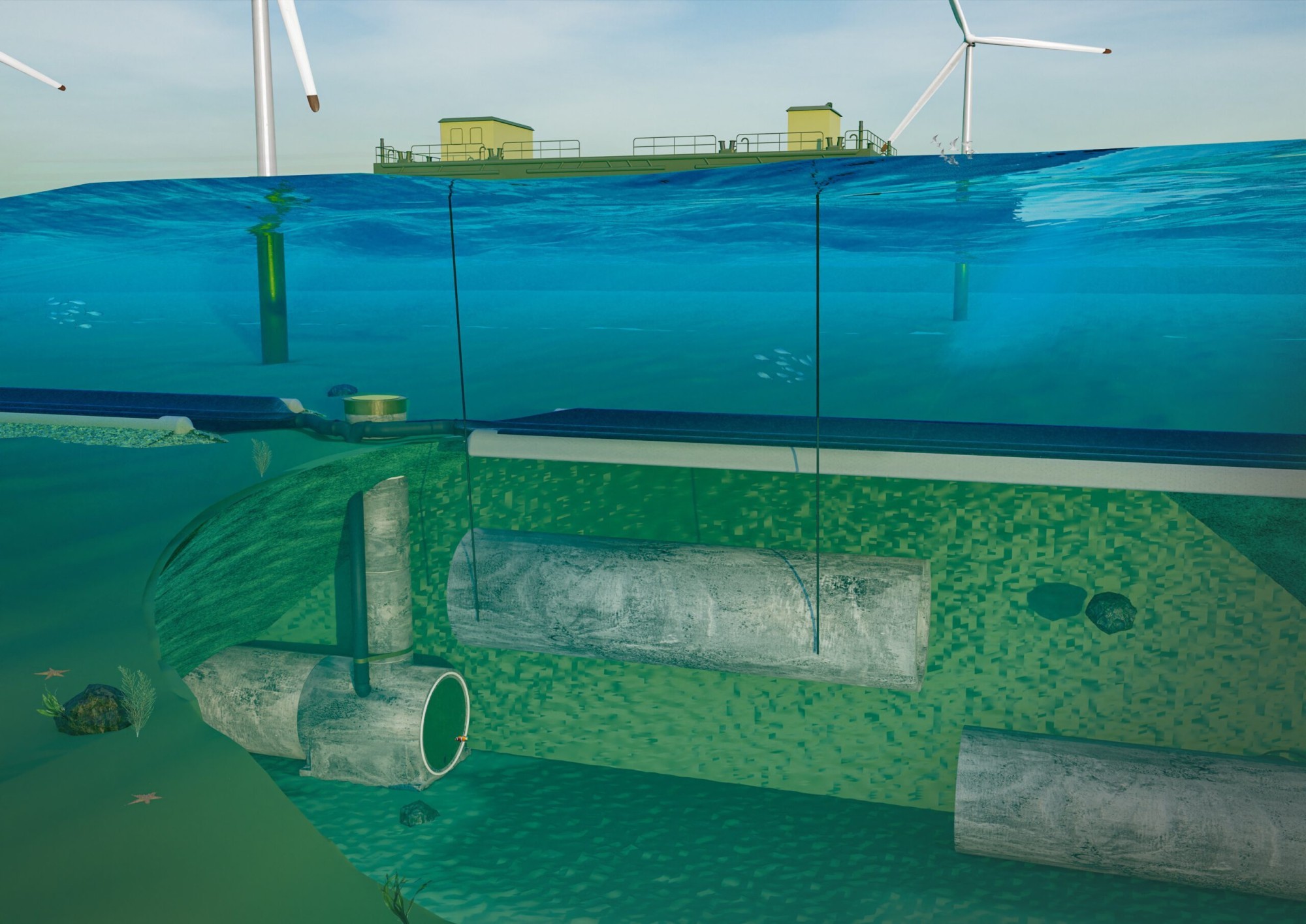 Visualisierung Ocean Batterie bei Windparks und Solaranlagen