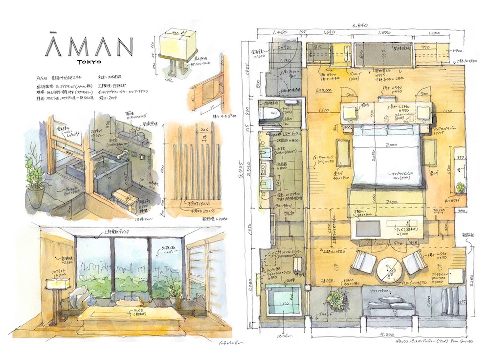 Aquarell-Zeichnung Aman Hotel Tokyo Kei Endo