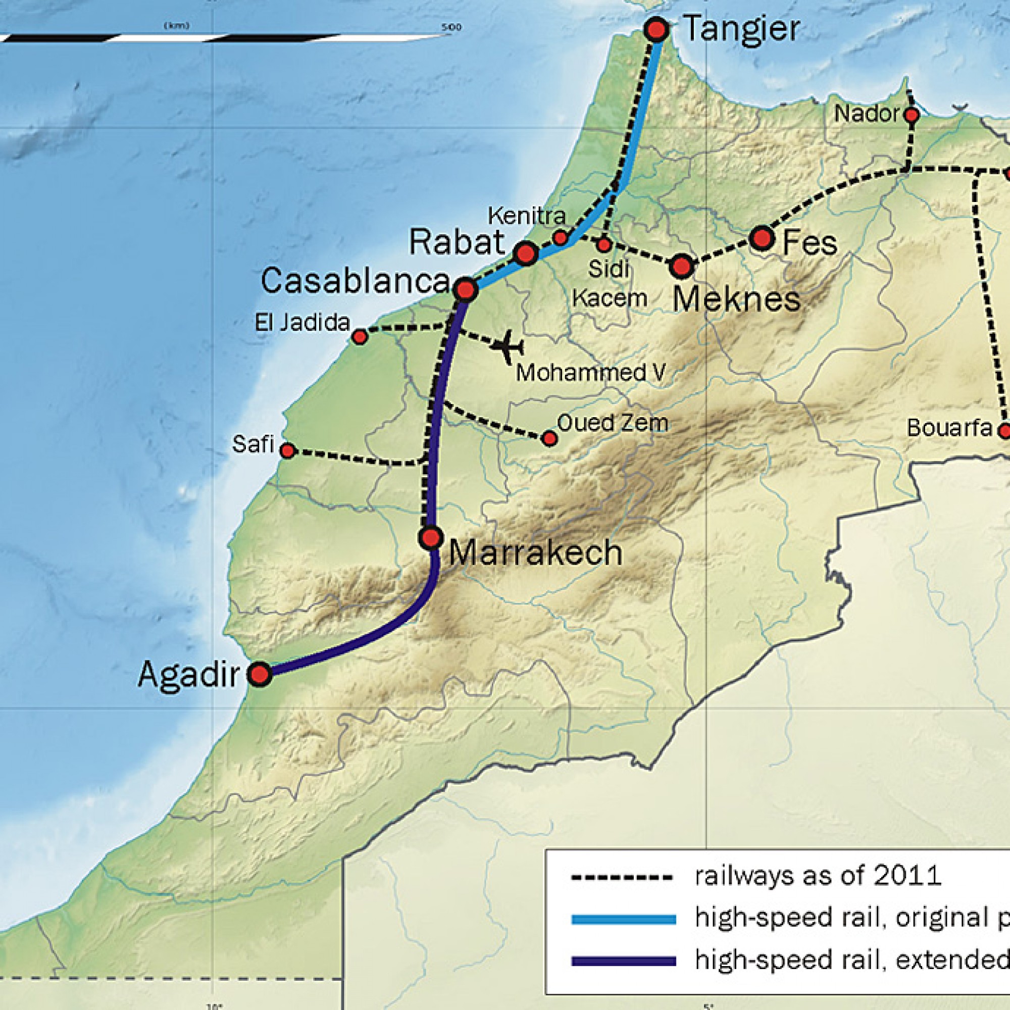 Das Schienennetz von Marokko. (Bild: wikimedia CC)