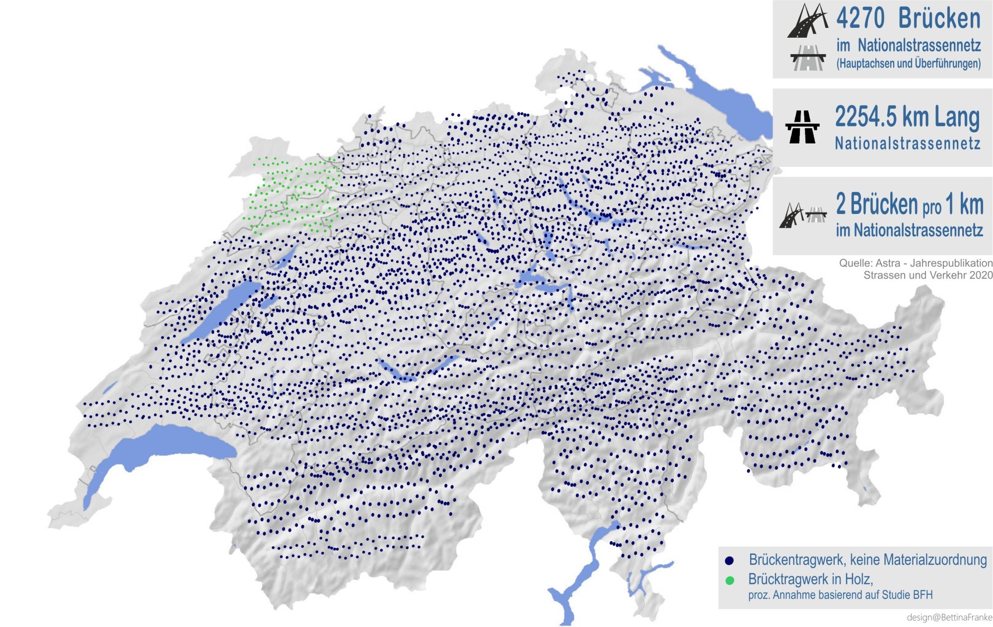 Visualisierung Anzahl Brückentragwerke im Schweizer Nationalstrassennetz