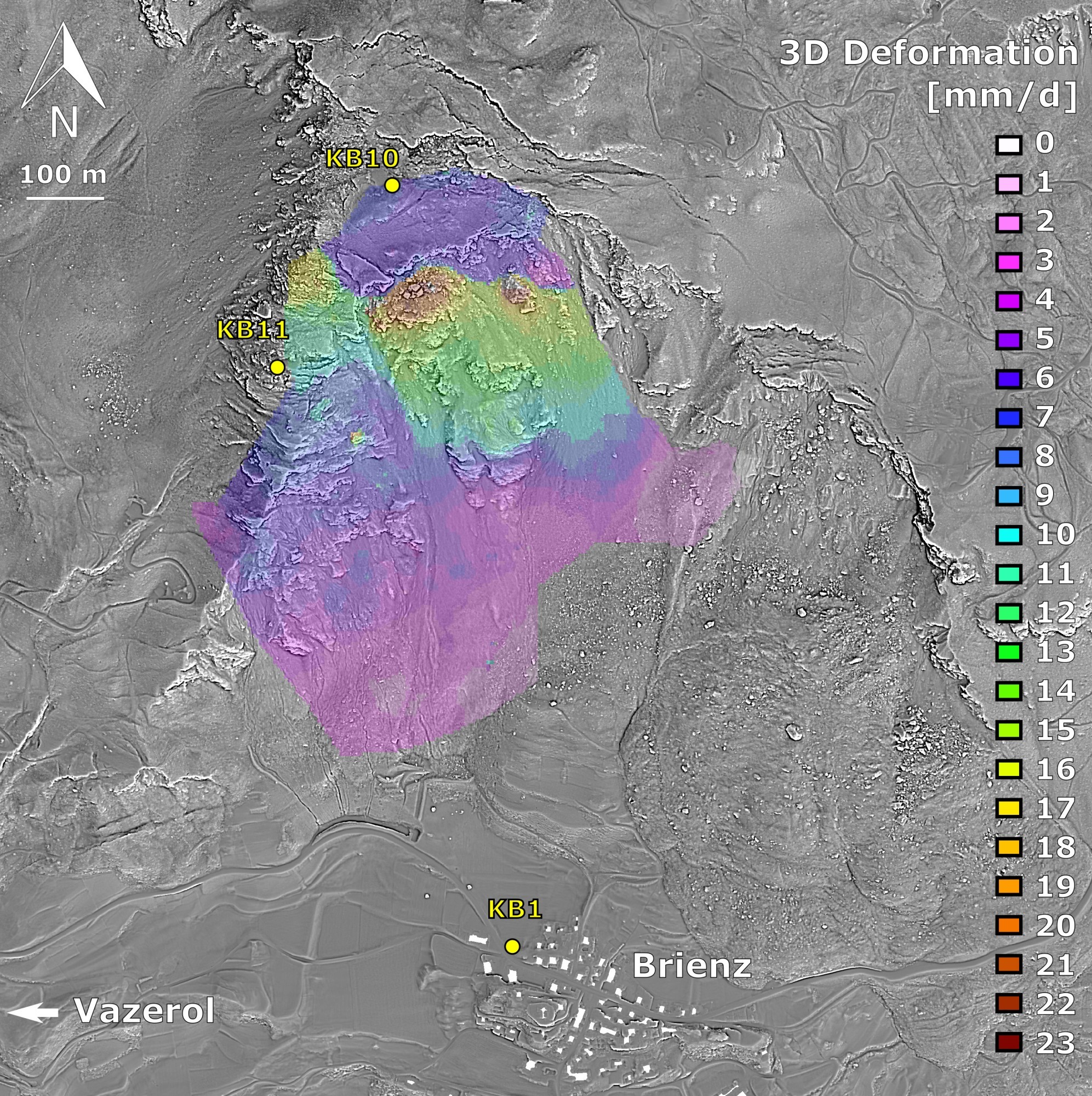 Lidar-Messung der Hanginstabilität oberhalb des Dorfs Brienz/Brinzauls GR