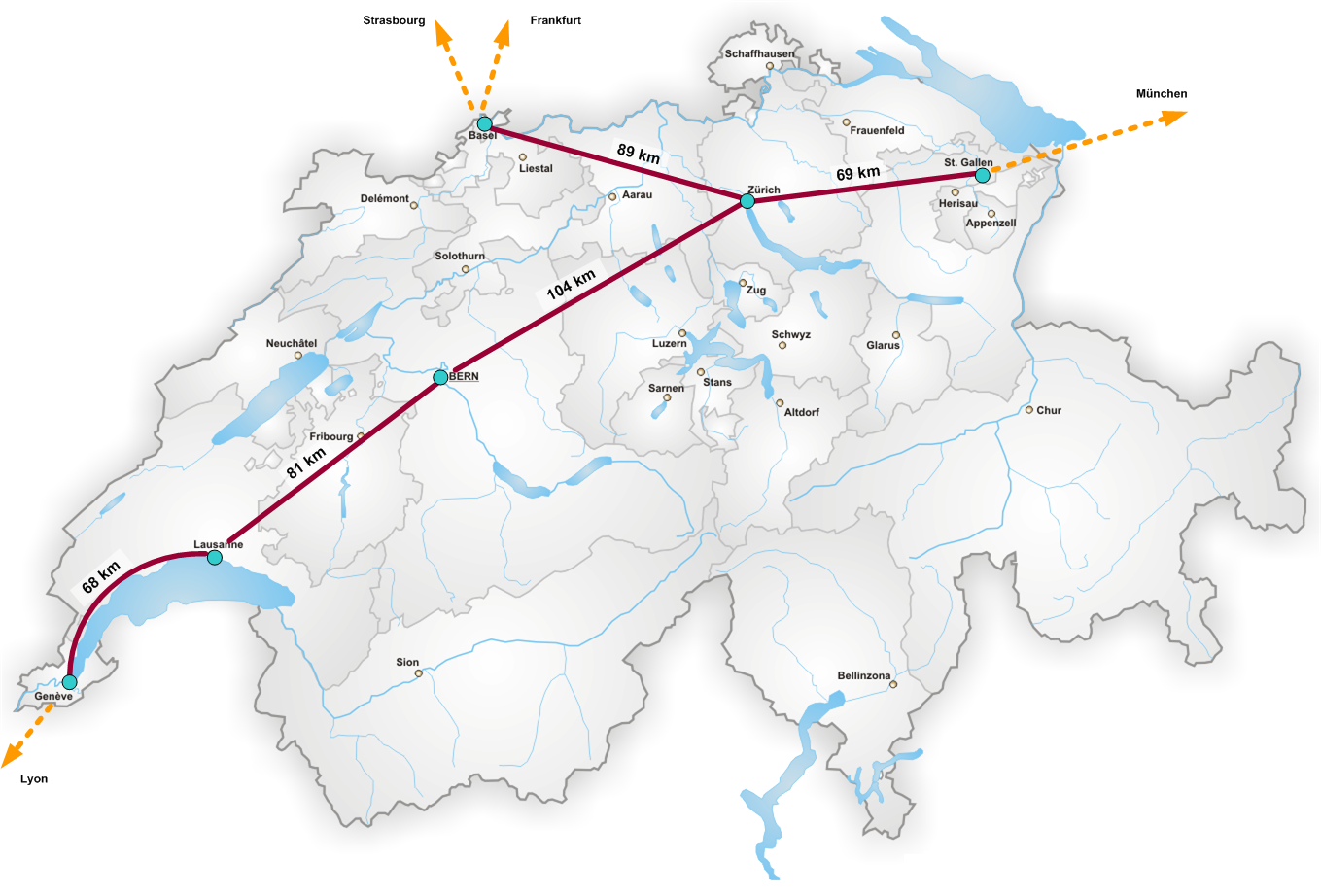 Netzwerk der Swissmetro Idee, Stand 2005