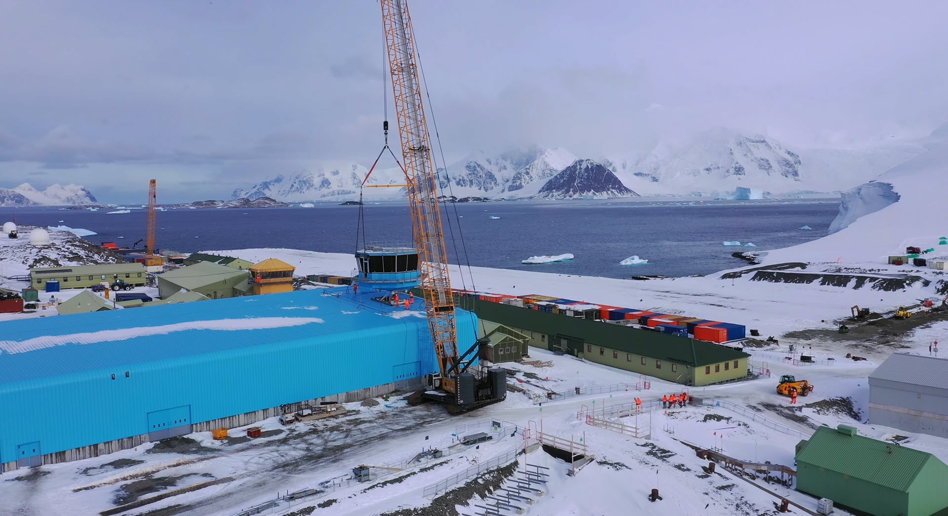 Neues Gebäude Rothera Antarktis Betriebsturm Einhub