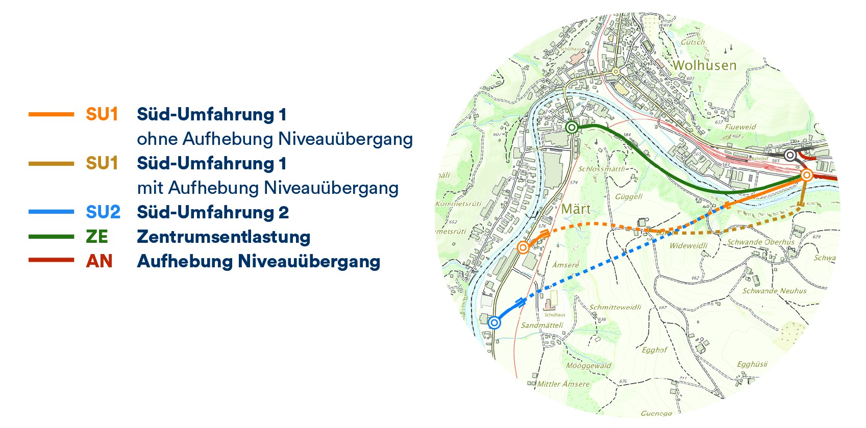 Grafik Varianten für Umfahrung Wolhusen Süd