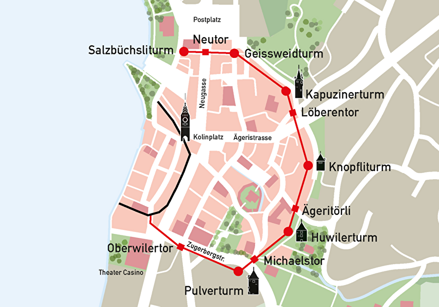 Grafik Verlauf Stadtmauer in Zug