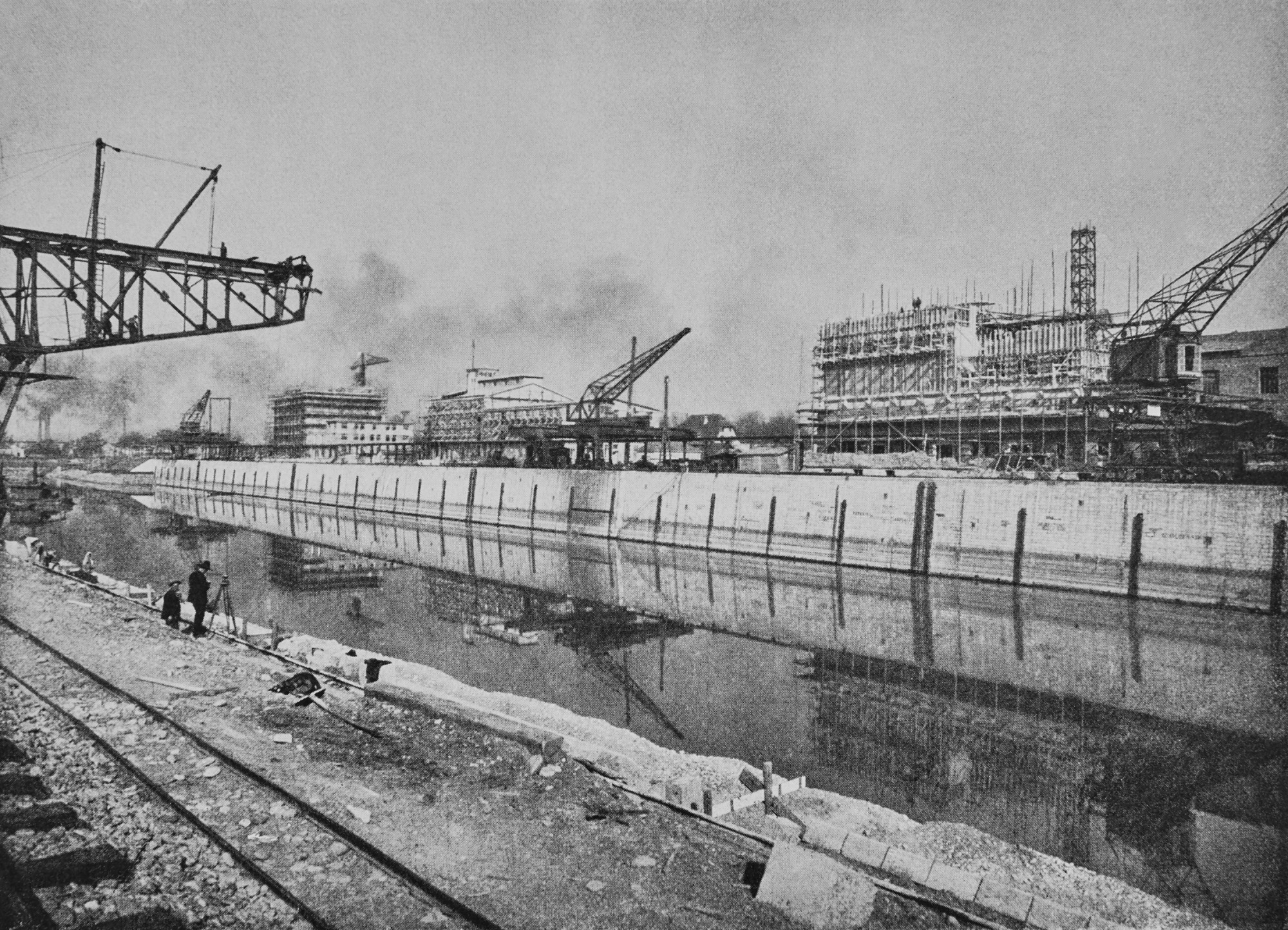Schweizerische Rheinhäfen, Basel-Kleinhünungen, Hafenbecken I im Bau, vor 1922