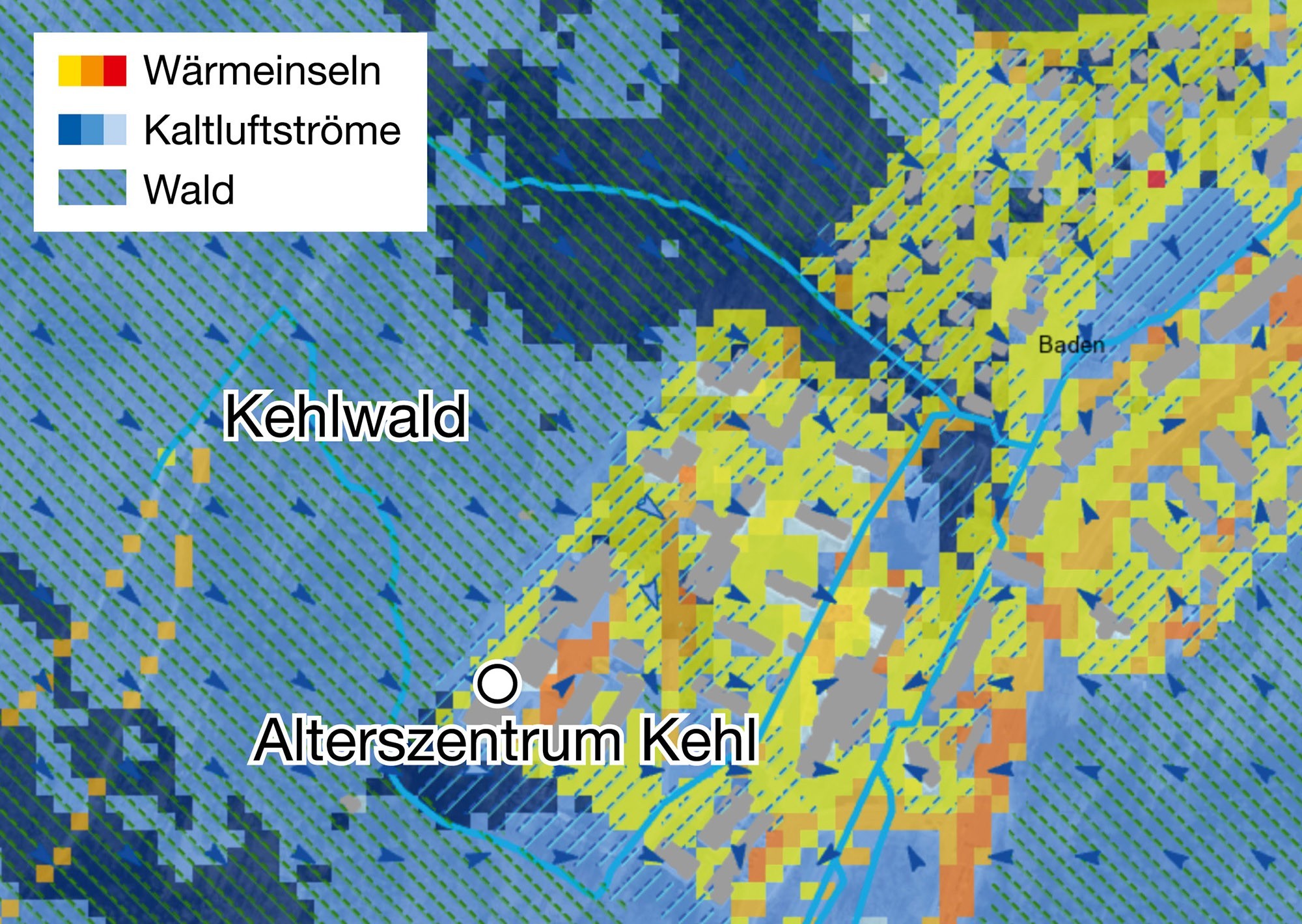 Projekt Kaltluftkorridore, Altersheim Kehl, Baden AG, Klimakarte, Wärmeinseln