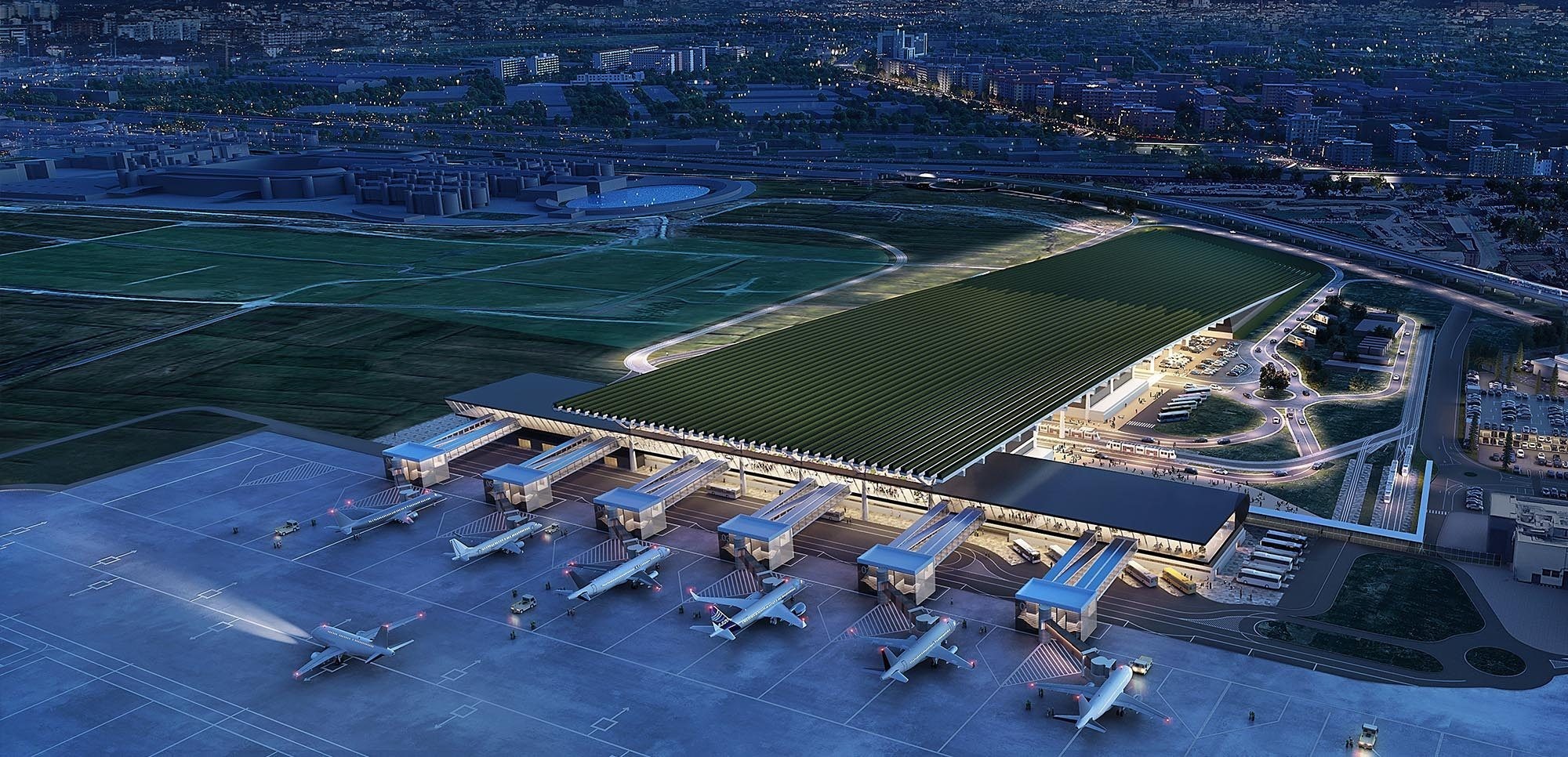 Visualisierung neues Terminal Flughafen Florenz mit Weinreben