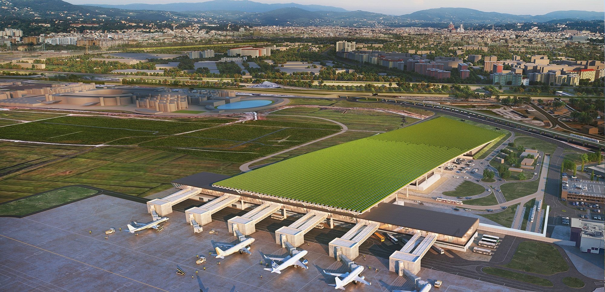 Visualisierung neues Terminal Flughafen Florenz mit Weinreben