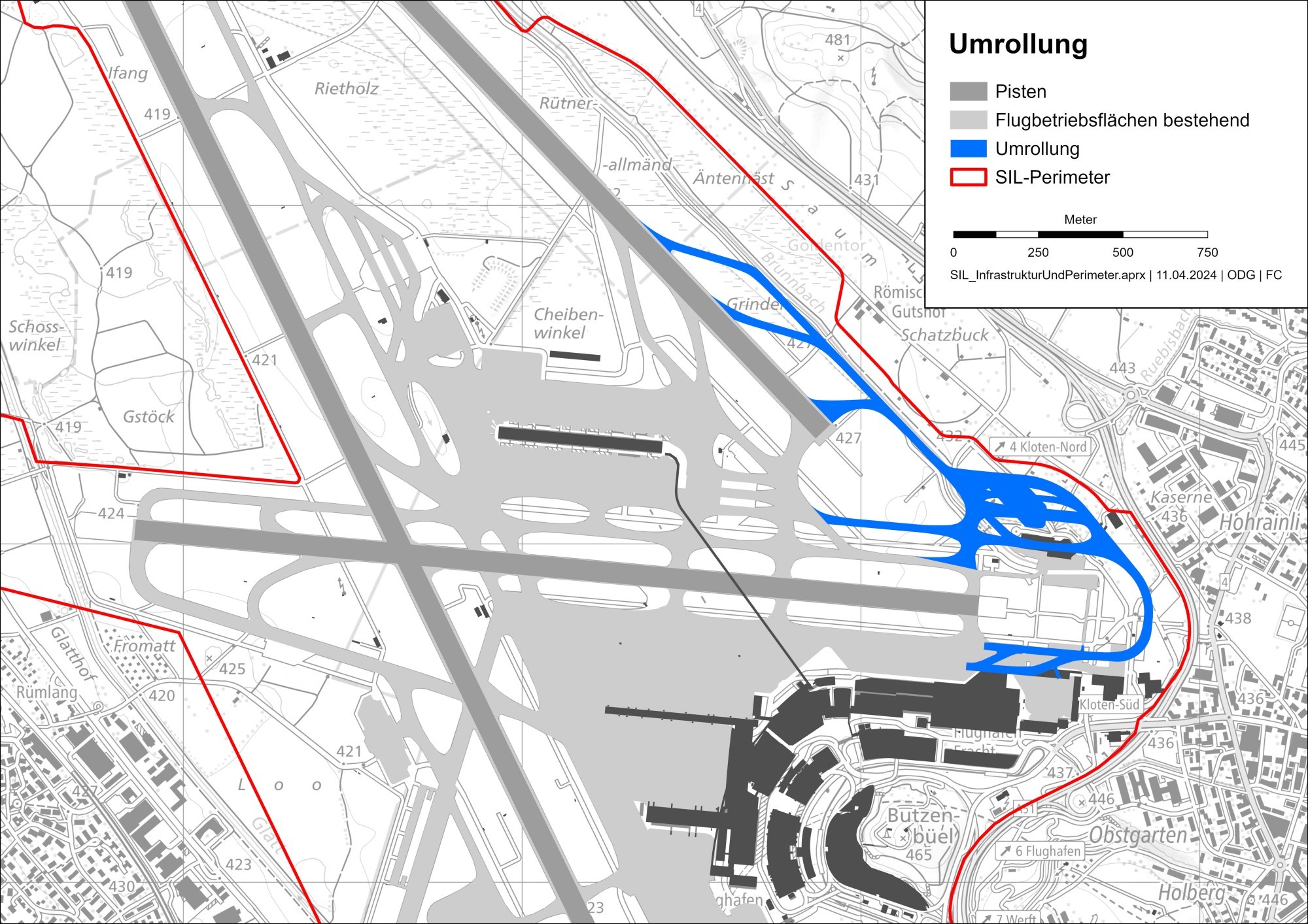 Karte Umrollung Piste 28 am Flughafen Zürich