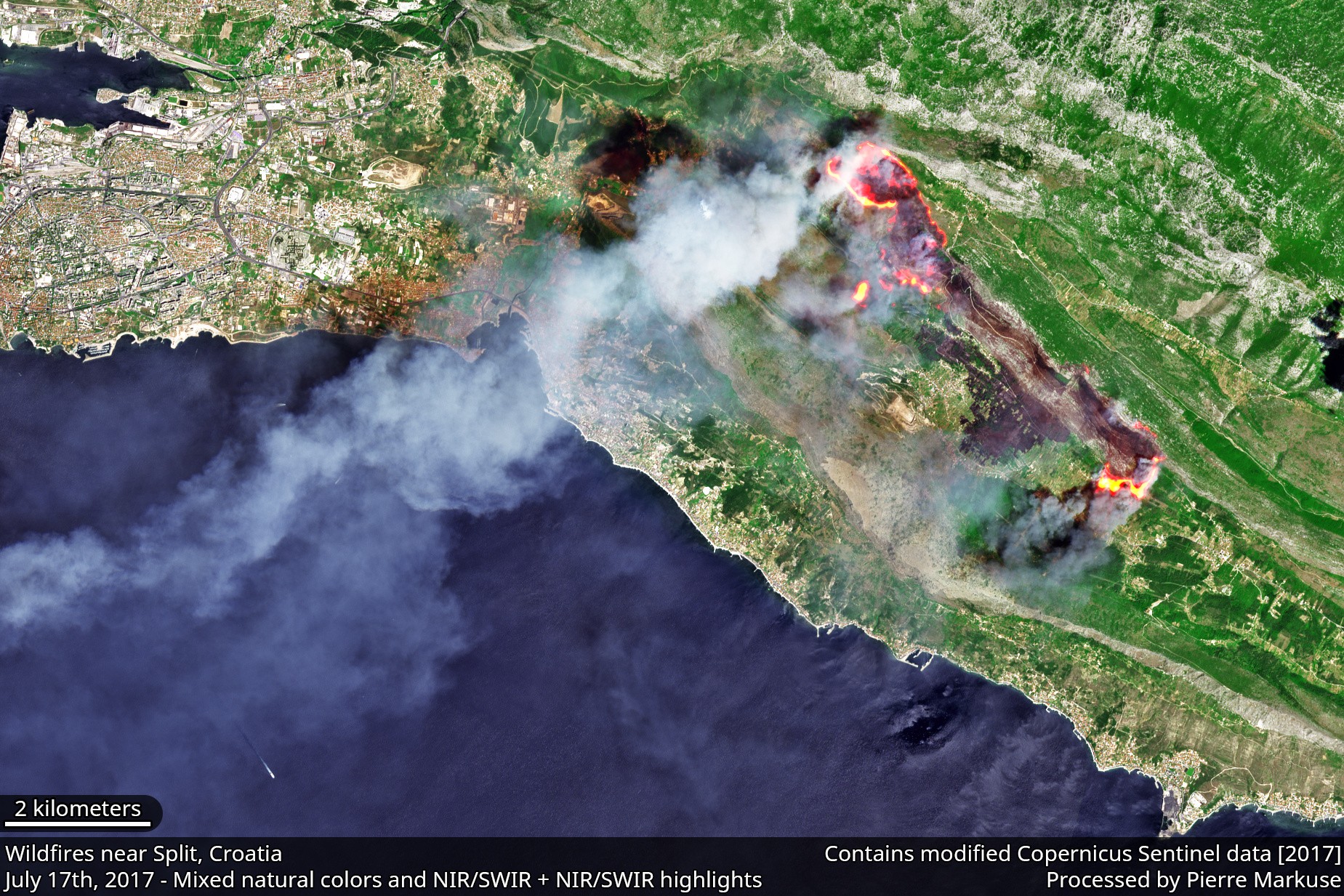 Waldbrand bei Split, Luftaufnahme
