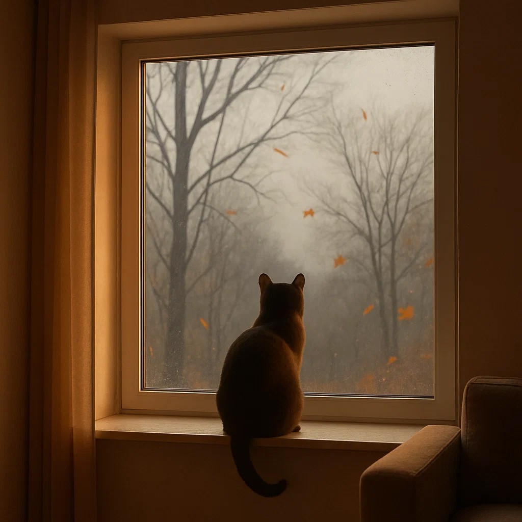 Katze sitzt im Wohnhimmer auf dem Fenstersims und blickt nach draussen.