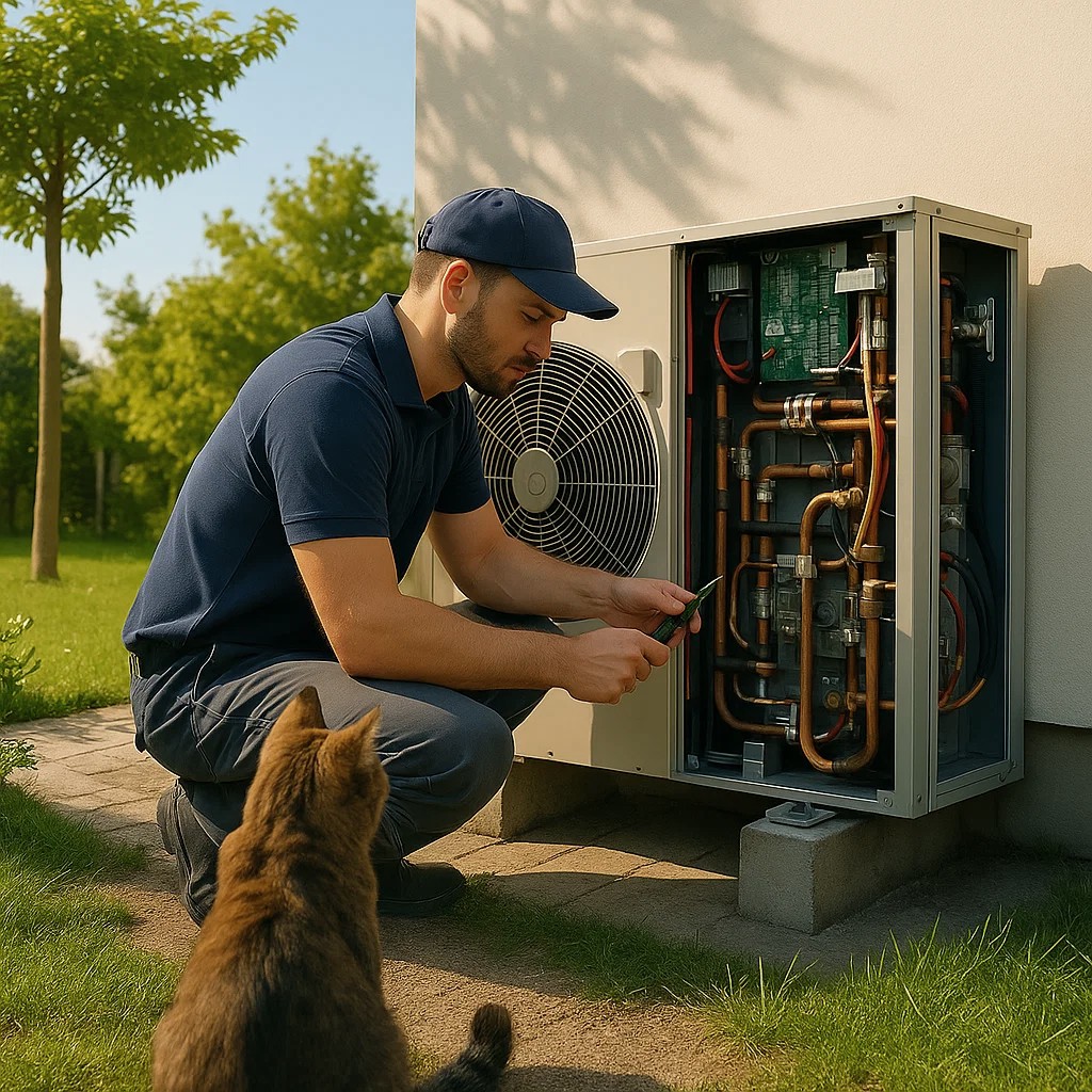 Monteur repariert Wärmepumpe.