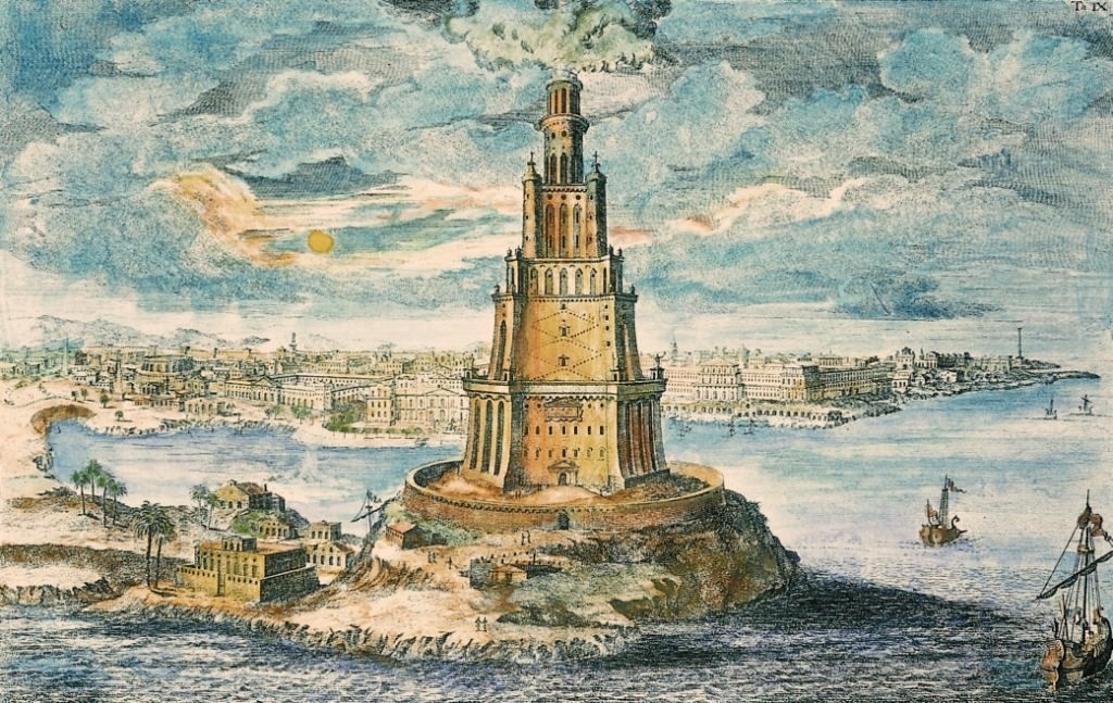 Leuchtturm von Alexandria (kolorierter Stich von 1721)