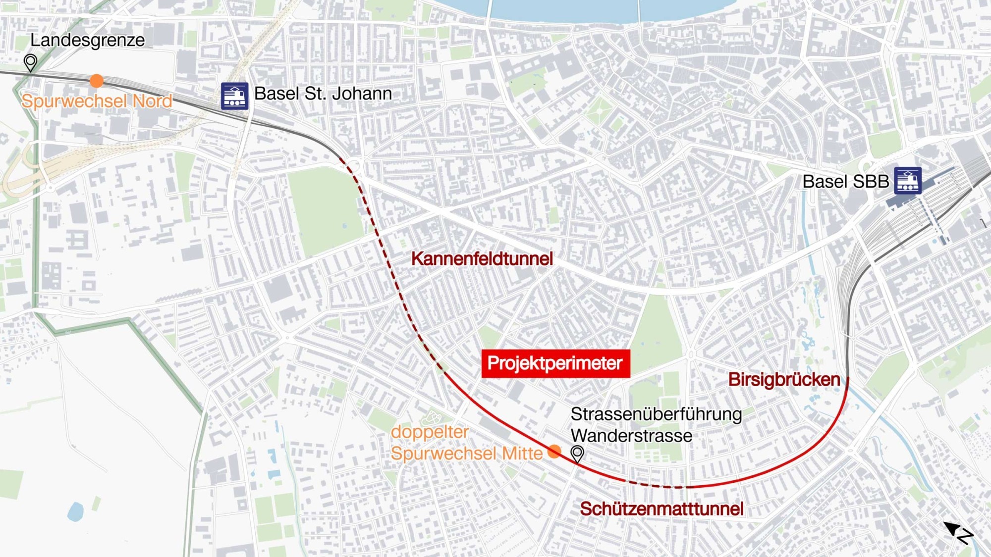 Karte Spurwechsel Achse Basel St. Johann - Basel SBB