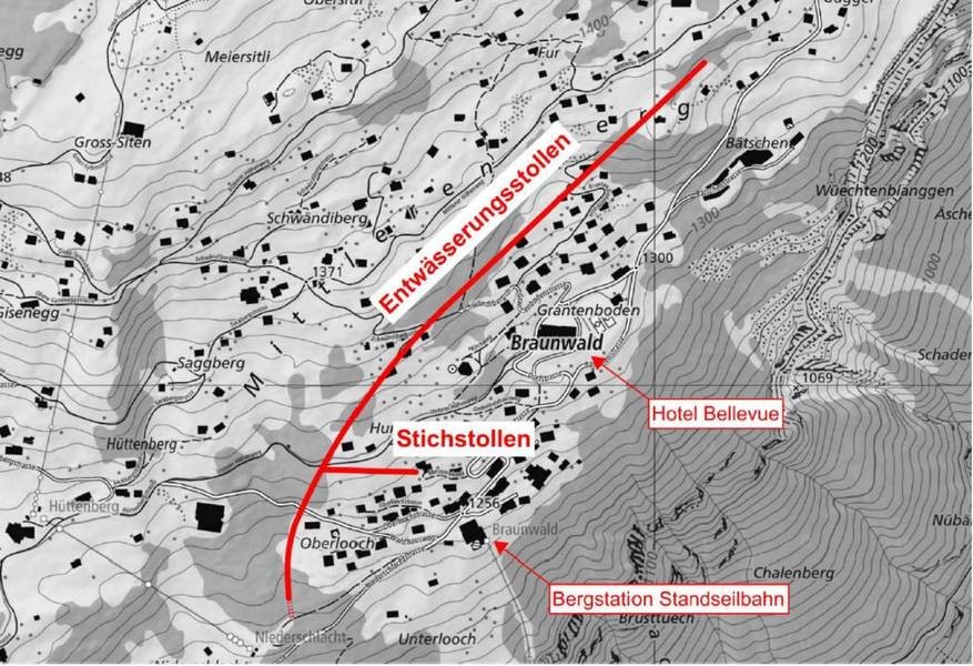 Entwässerungsstollen Braunwald, Karte