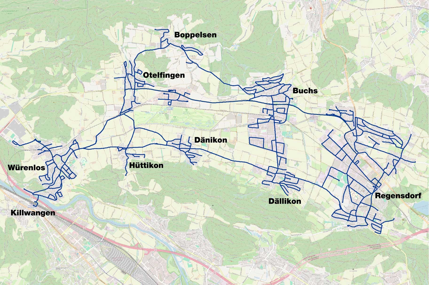 Streckenverlauf des Pilotprojekts mit selbstfahrenden Autos im Furttal