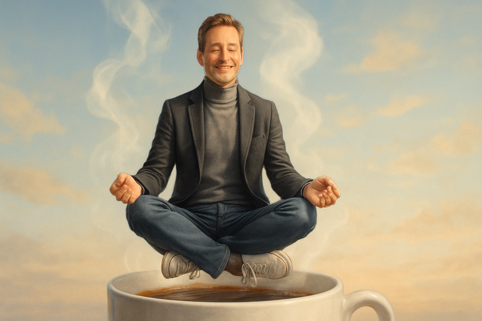 Mann schwebt über einer Kaffeetasse