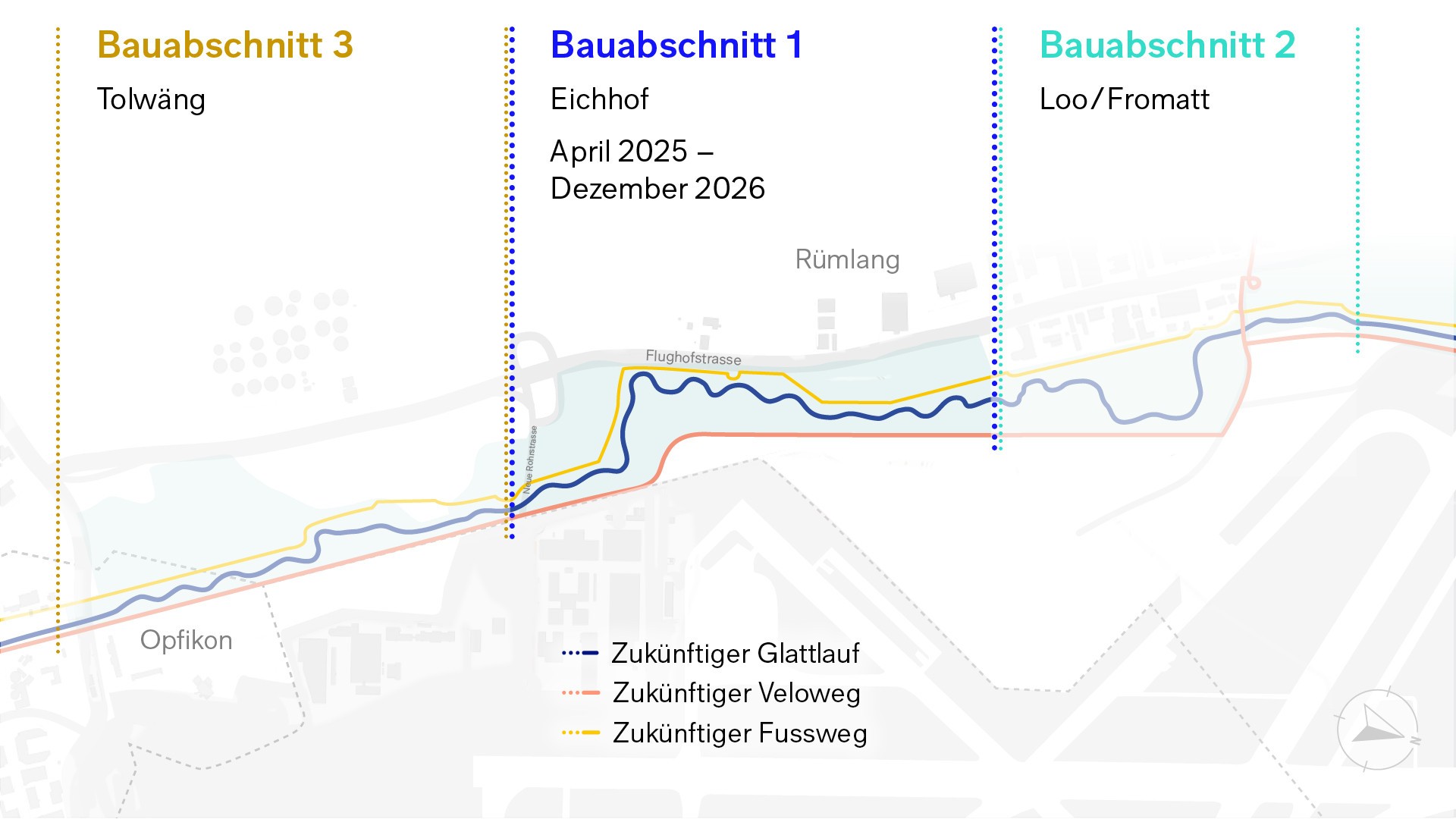 Bauabschnitte zur Revitalisierung der Glatt bei Rümlang und Opfikon