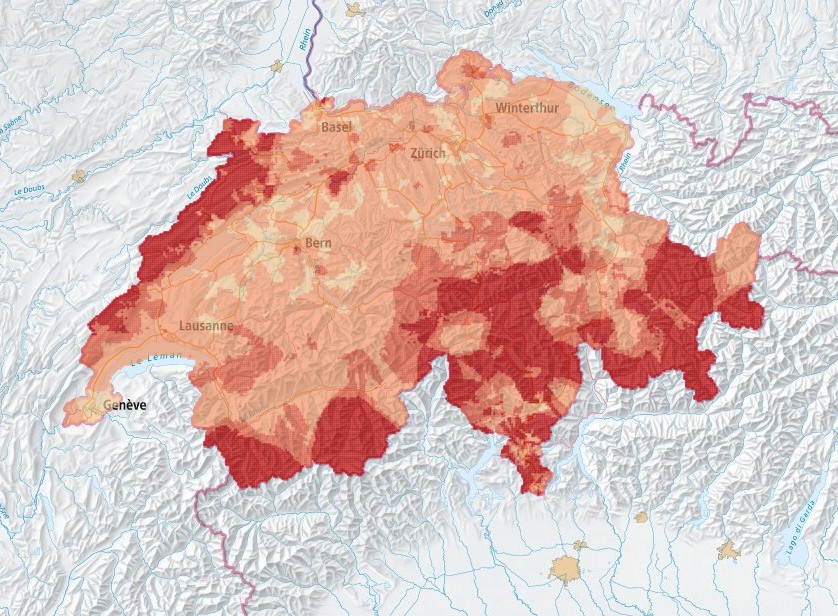 Karte der Schweiz mit Radon-Verbreitungsgebieten