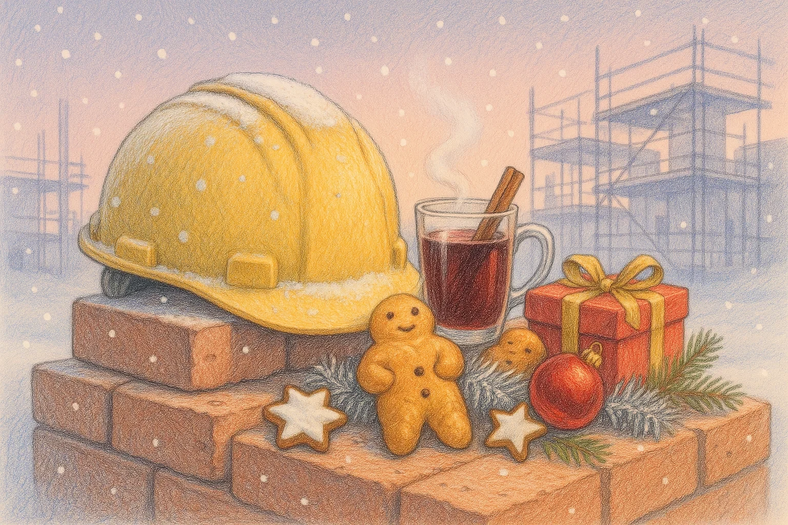 Weinachtliche dekorierter Bauhelm auf einer Baustelle.