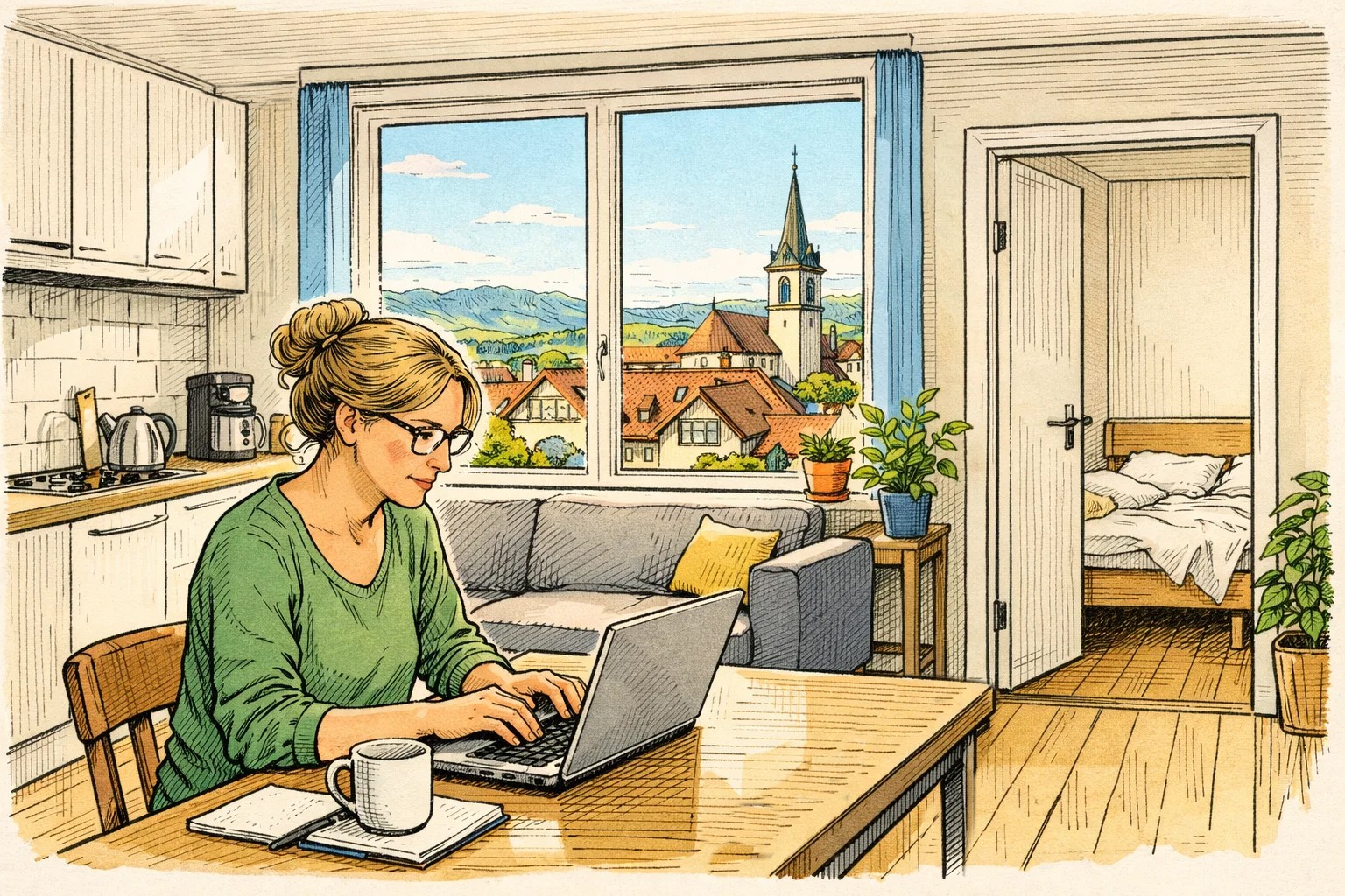 Frau arbeitet an einem Laptop zu Hause (Symbolbild)