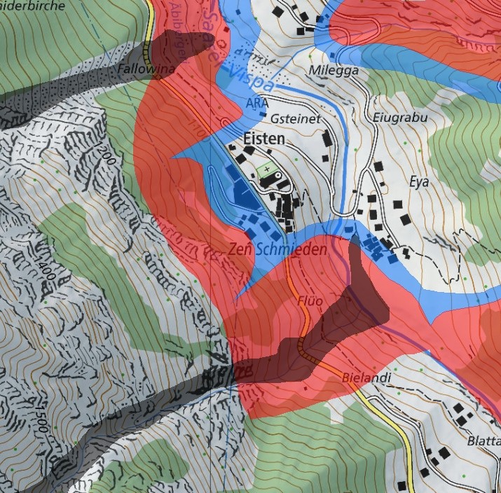 Lawinengefahrenkarte für die Gemeinde Eisten (VS) von 2018