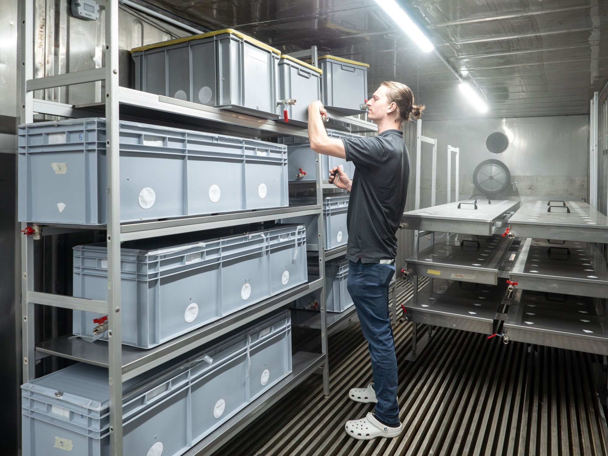 Lewis Douls kontrolliert Bretter in der Klimakammer