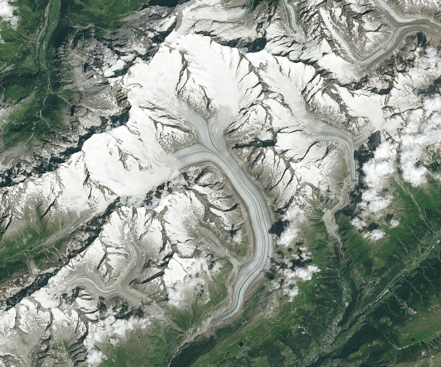 Aletschgletscher aus dem Orbit gesehen, am 6. August 2024