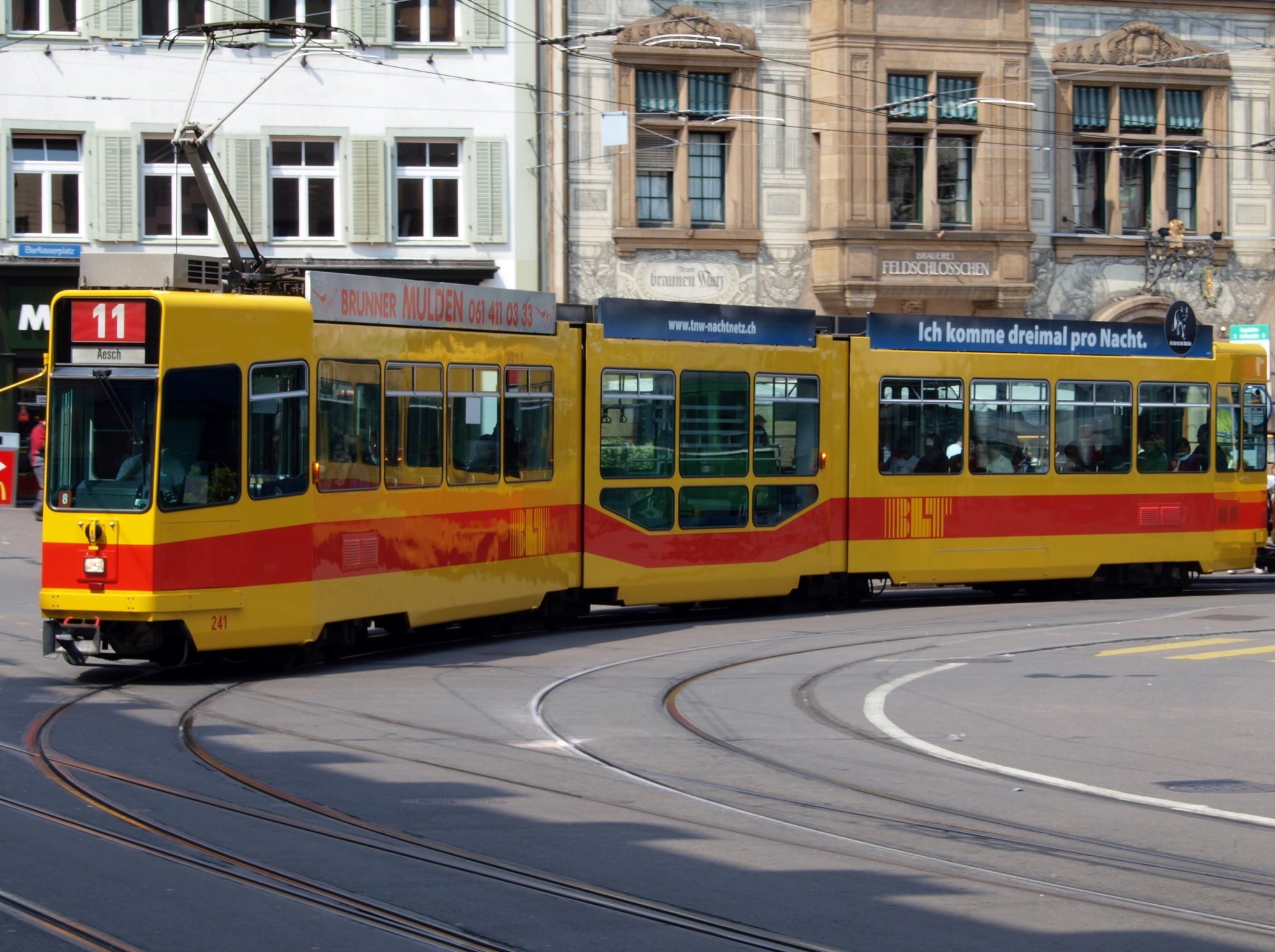 BLT_Tram_car_241,_line_11_towards_Aesch_at_Basel,_Switserland