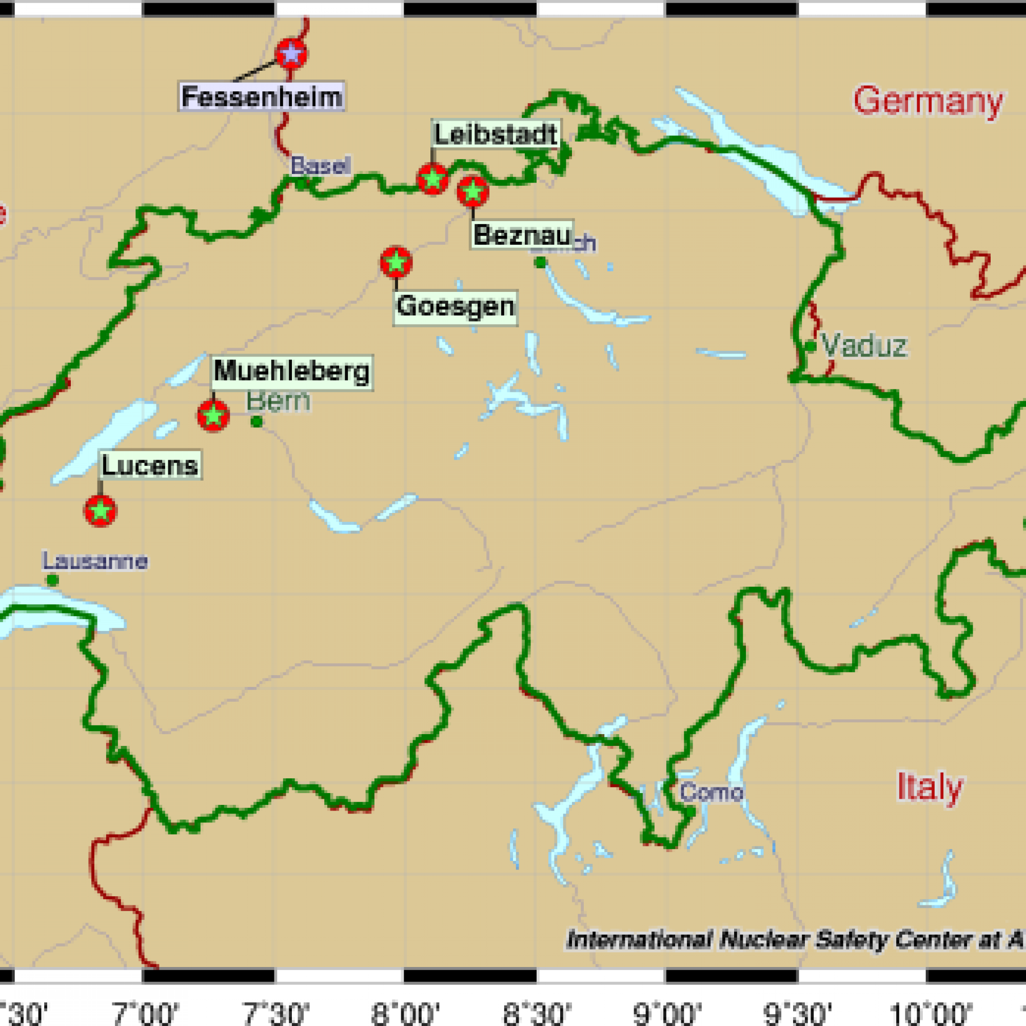 AKW-Standorte in der Schweiz (Bild: wikimedia, CC)