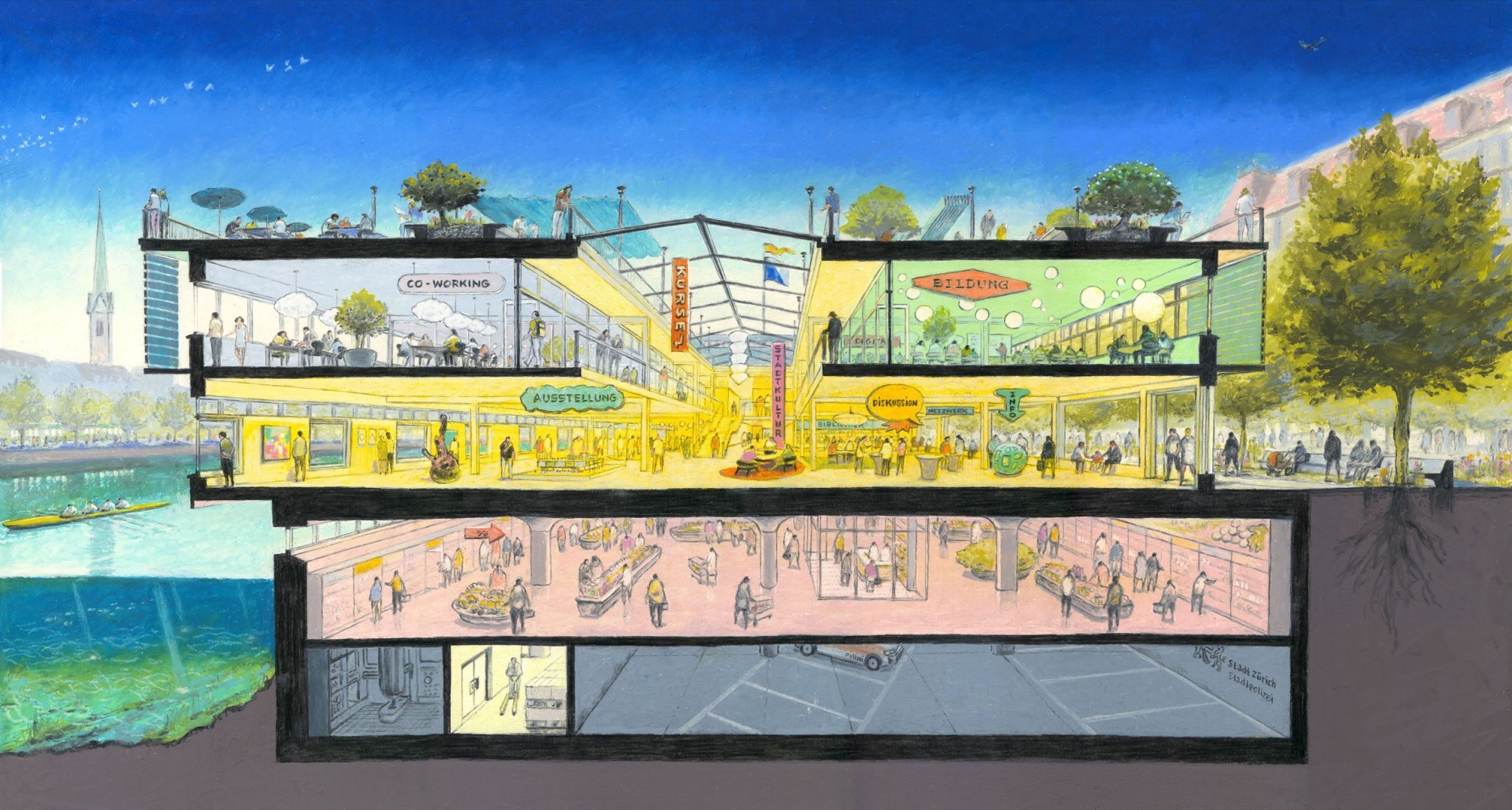 Illustration des Papierwerd-Areals mit Globusprovisorium in Zürich