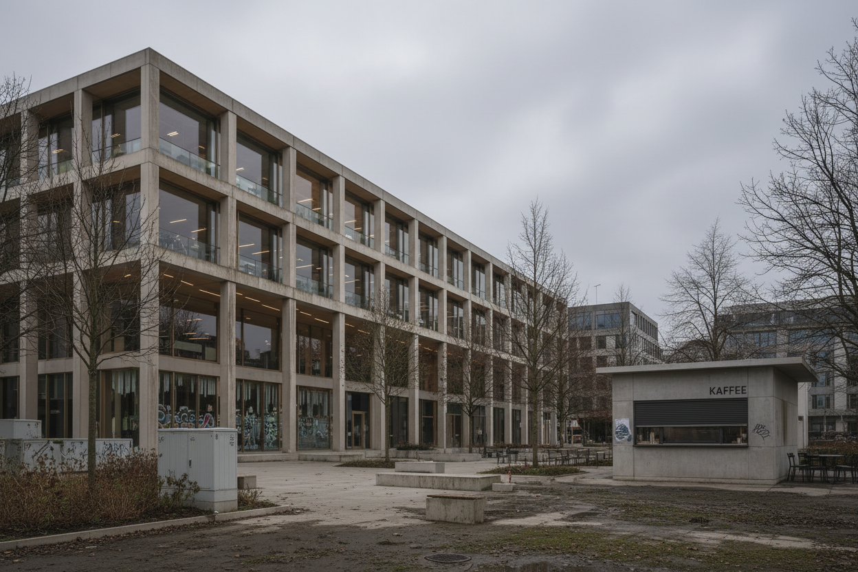 Visualisierung eines Bürogebäudes mit grauem Himmel und ohne Menschen.