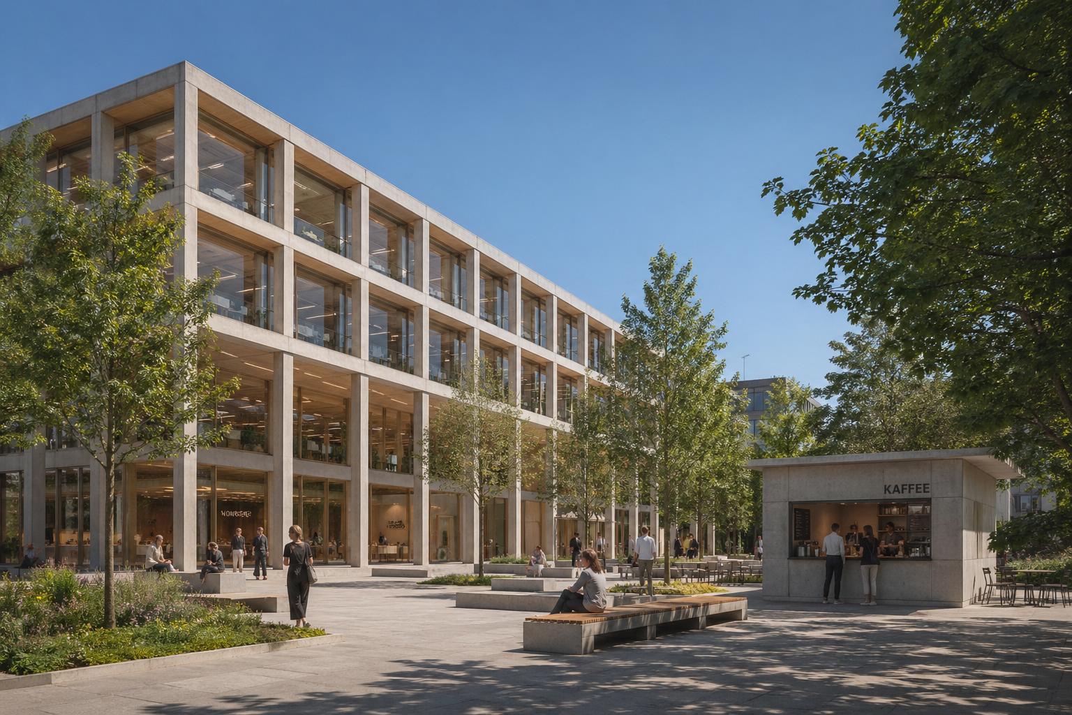 Mit Hilfe von ChatGPT erstellte Visualisierung eines Bürogebäudes bei Sonnenschein....