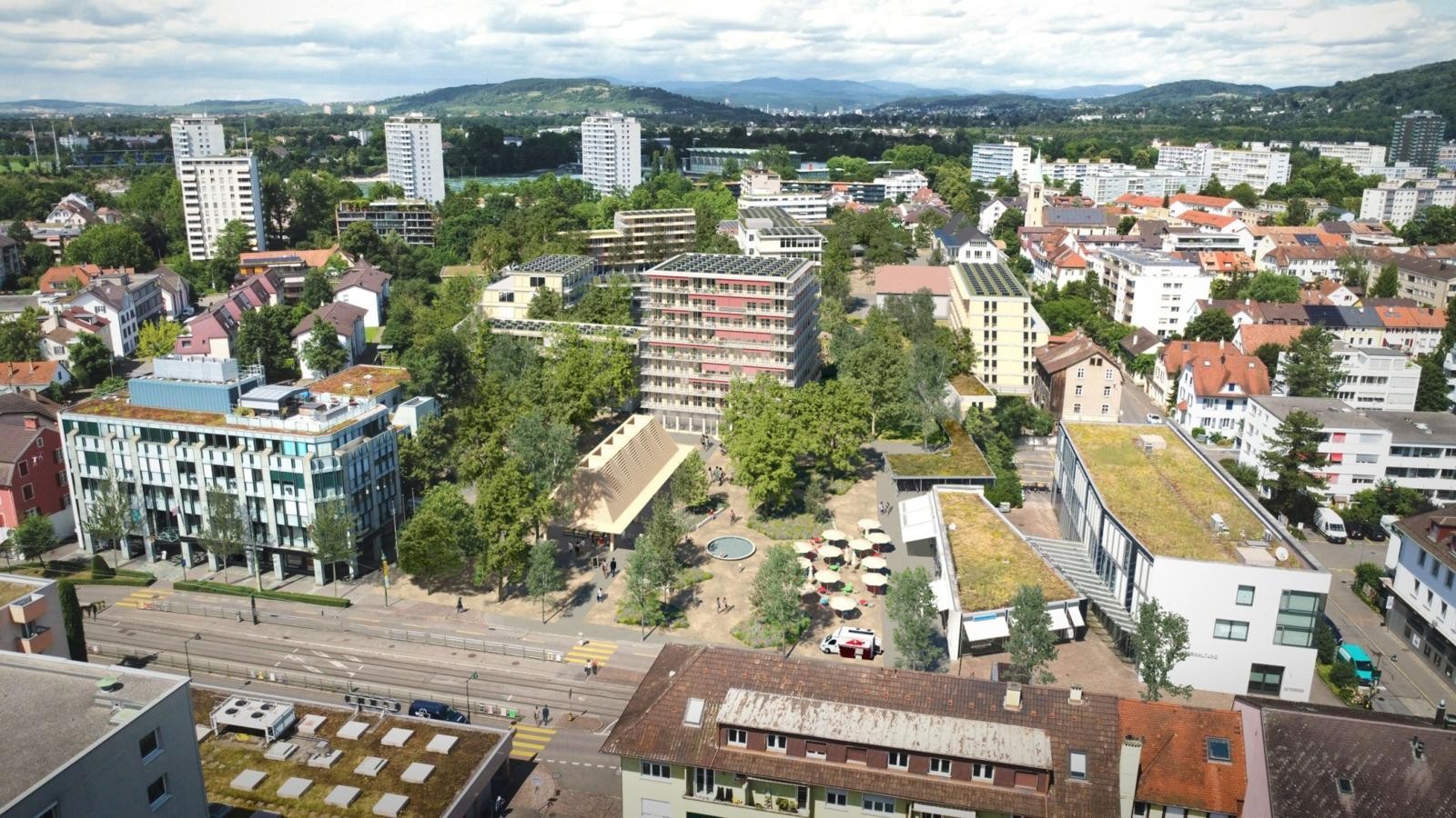 Vogelperspektive Überbauung im Zentrum von Birsfelden