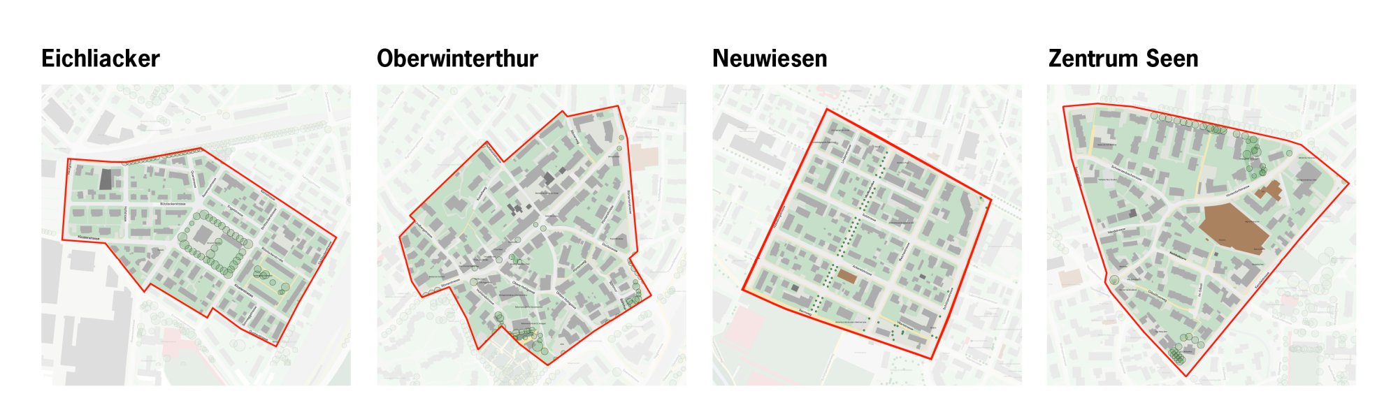 Pläne Eichliacker, Oberwinterthur, Neuwiesen und Zentrum Seen.
