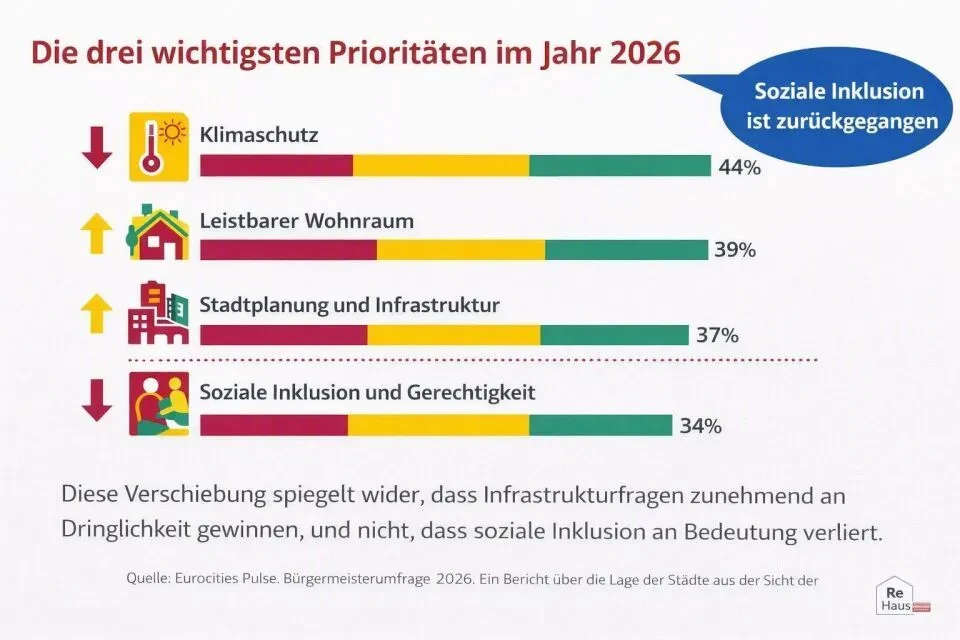Grafik Umfrage zum Wohnraum und Prioritäten in europäischen Städten.