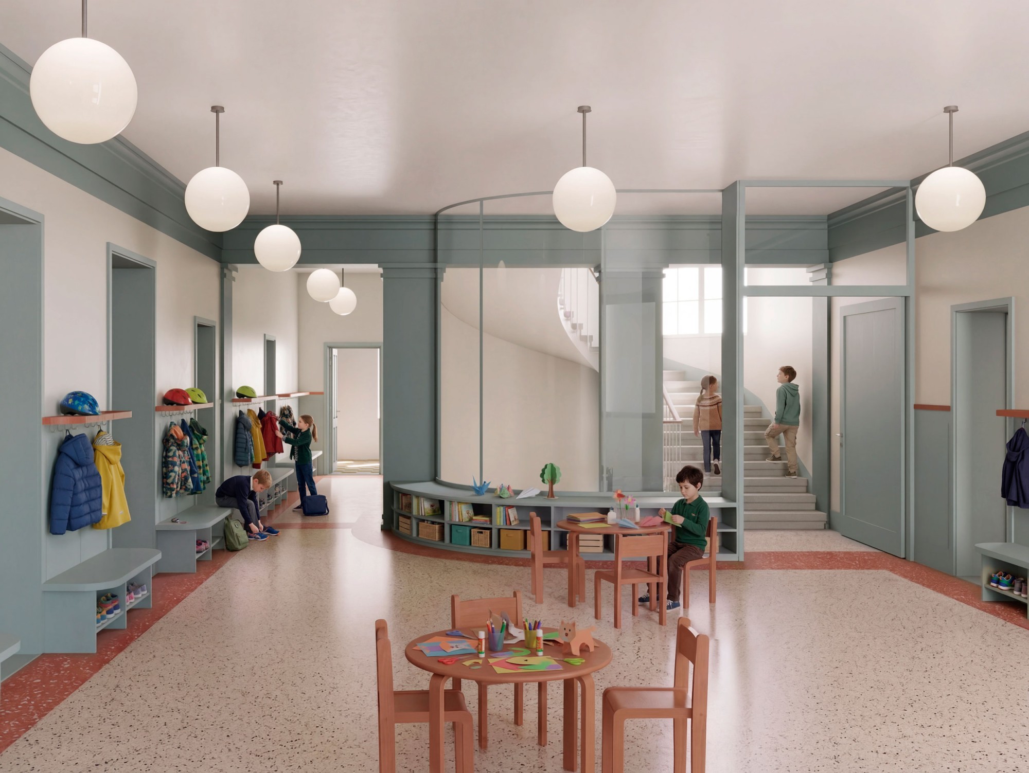 Visualisierung der Volksschule Sulgenbach, Hauptgebäude Innenraum