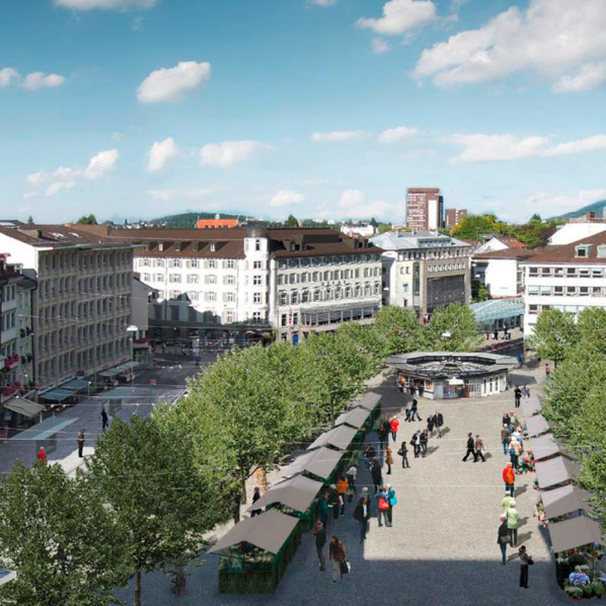 Der neue St. Galler Marktplatz, ein grosszügiger Platz mit Bäumen, aber ohne Autos. (PD)